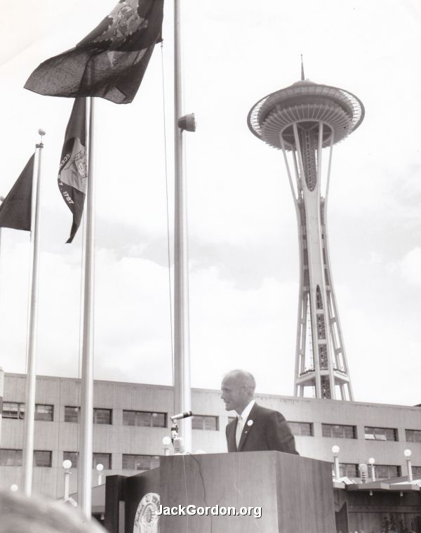 John Glenn speaking to crowd at Plaza of the States, World's Fair, Seattle