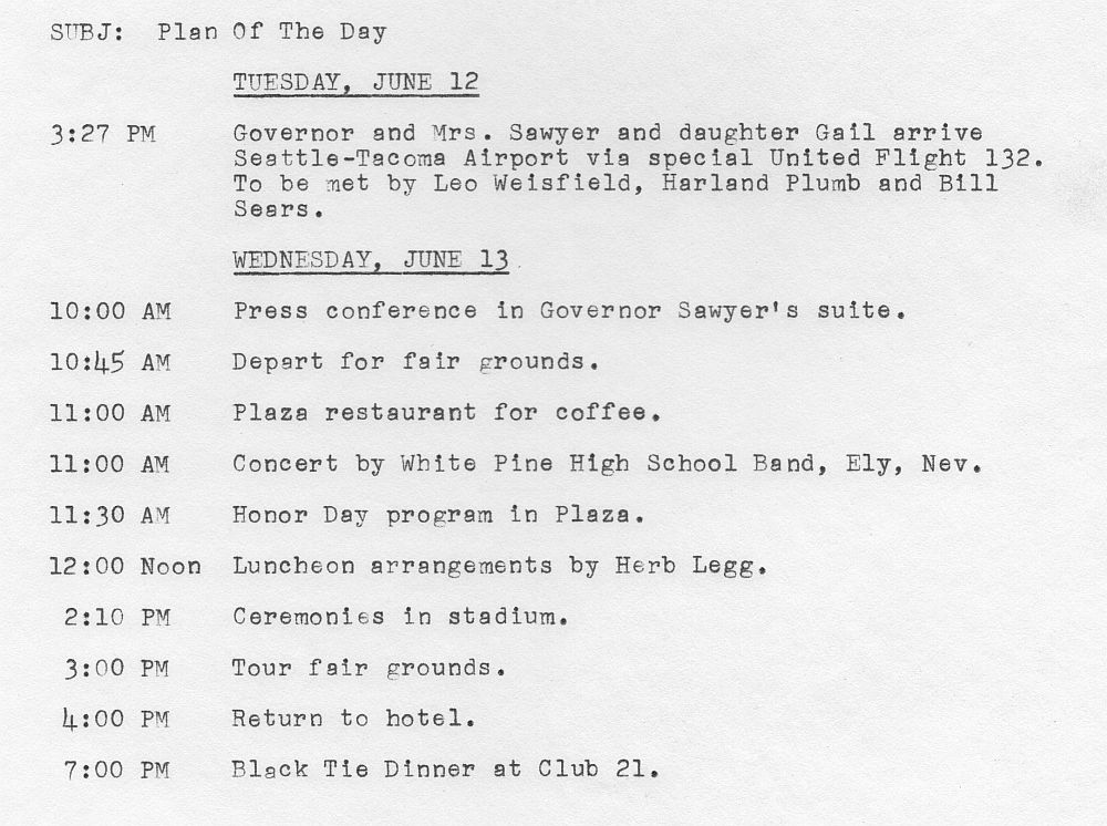 Schedule of Events for Nevada Governor and family on their day in Seattle