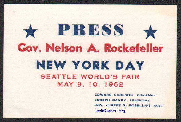 Press Pass for New York Day at Seattle World's Fair Plaza of the States