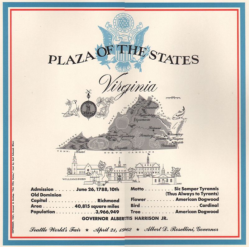 Virginia State Plaque from the Century 21 Plaza of the States, Seattle