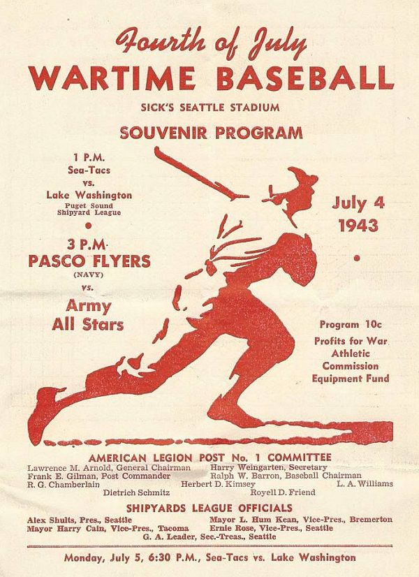 Program cover for the July 4, 1943, baseball game between Pasco NAS Flyers and the Army All Stars