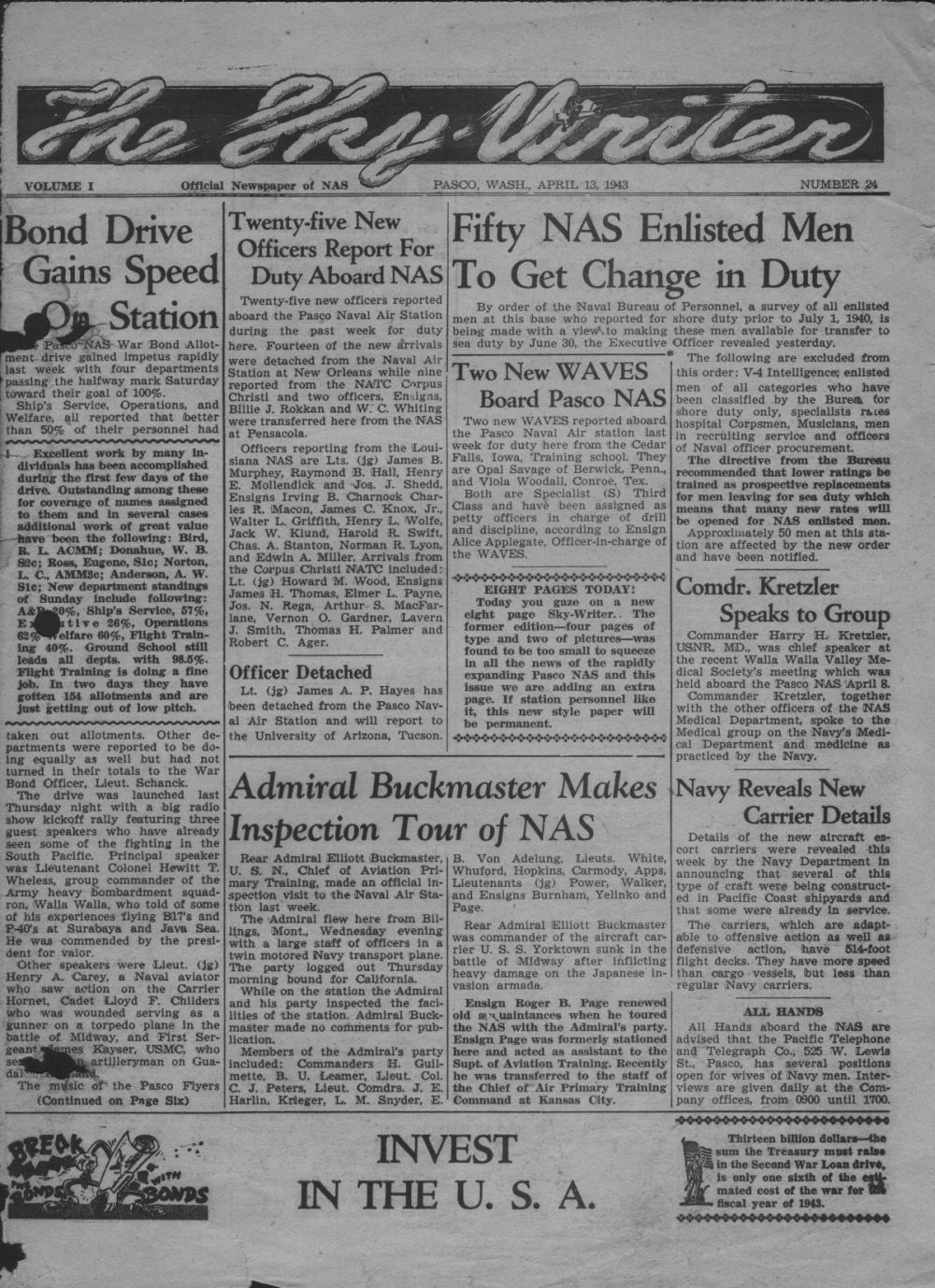 The NAS Pasco Sky-Writer, June 29, 1943, page 1