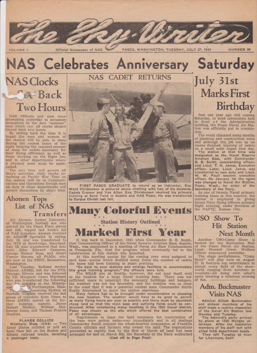 The NAS Pasco Sky-Writer, July 27, 1943, page 1
