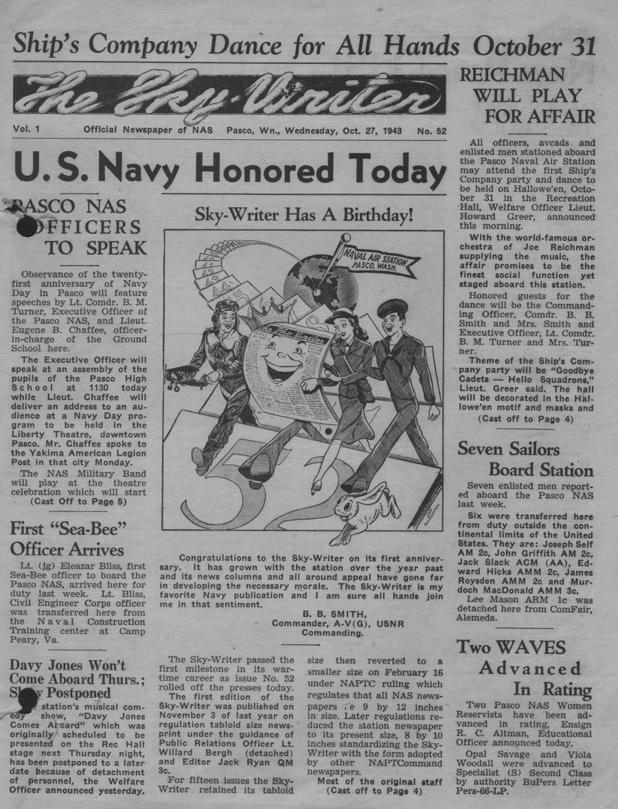 The NAS Pasco Sky-Writer, October 27, 1943, page 1