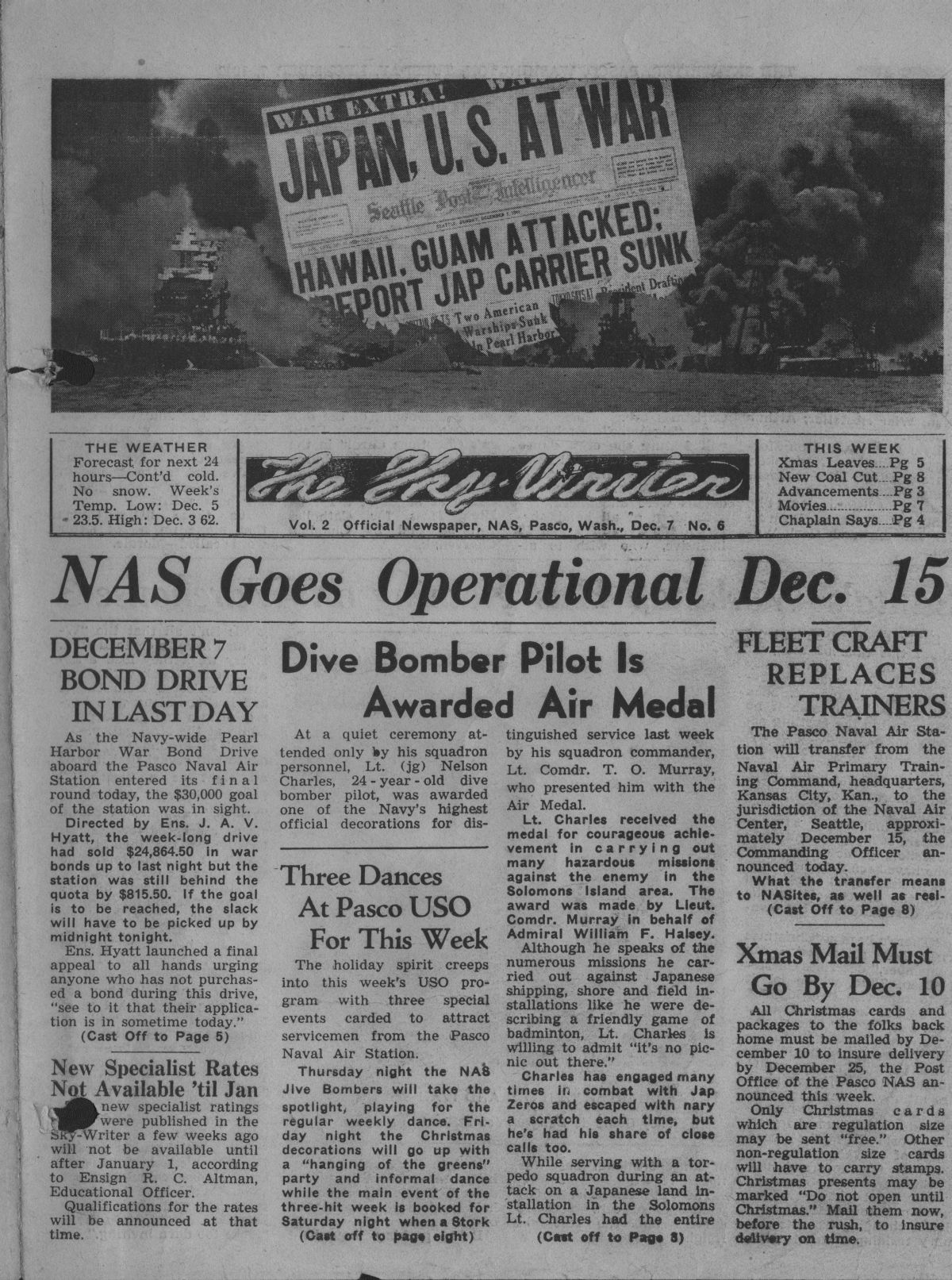 NAS Pasco Sky-Writer from December 07, 1943, edited by Jack Gordon. Picture from JackGordon.org