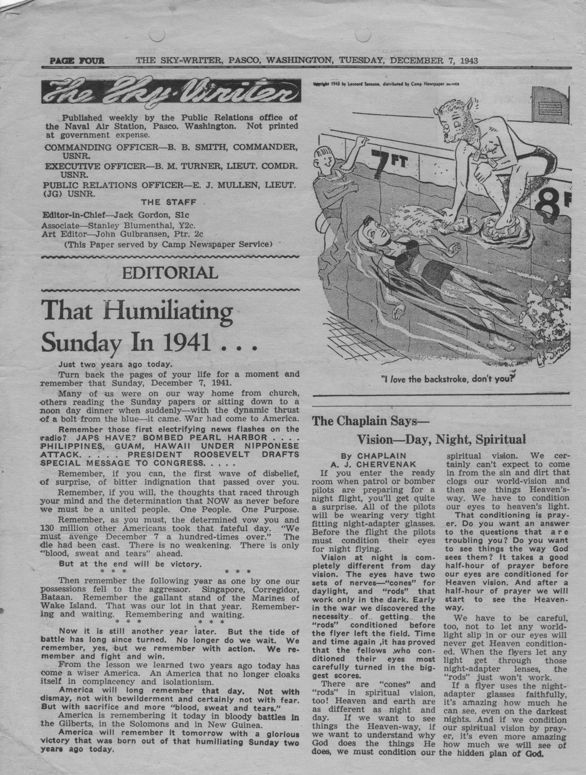 Page 4 of the NAS Pasco Sky-Writer from December 7, 1943, edited by Jack Gordon. Picture from JackGordon.org