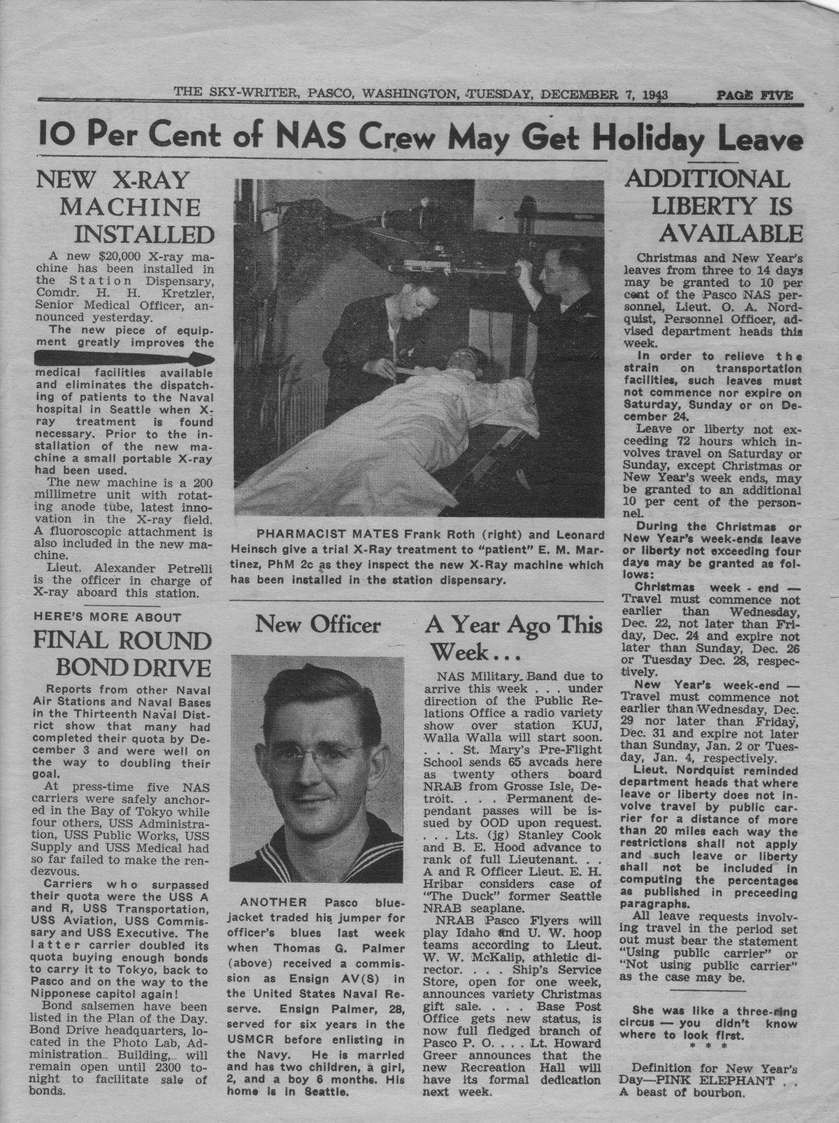 Photo Page 5 of the NAS Pasco Sky-Writer from December 7, 1943, edited by Jack Gordon. Picture from JackGordon.org