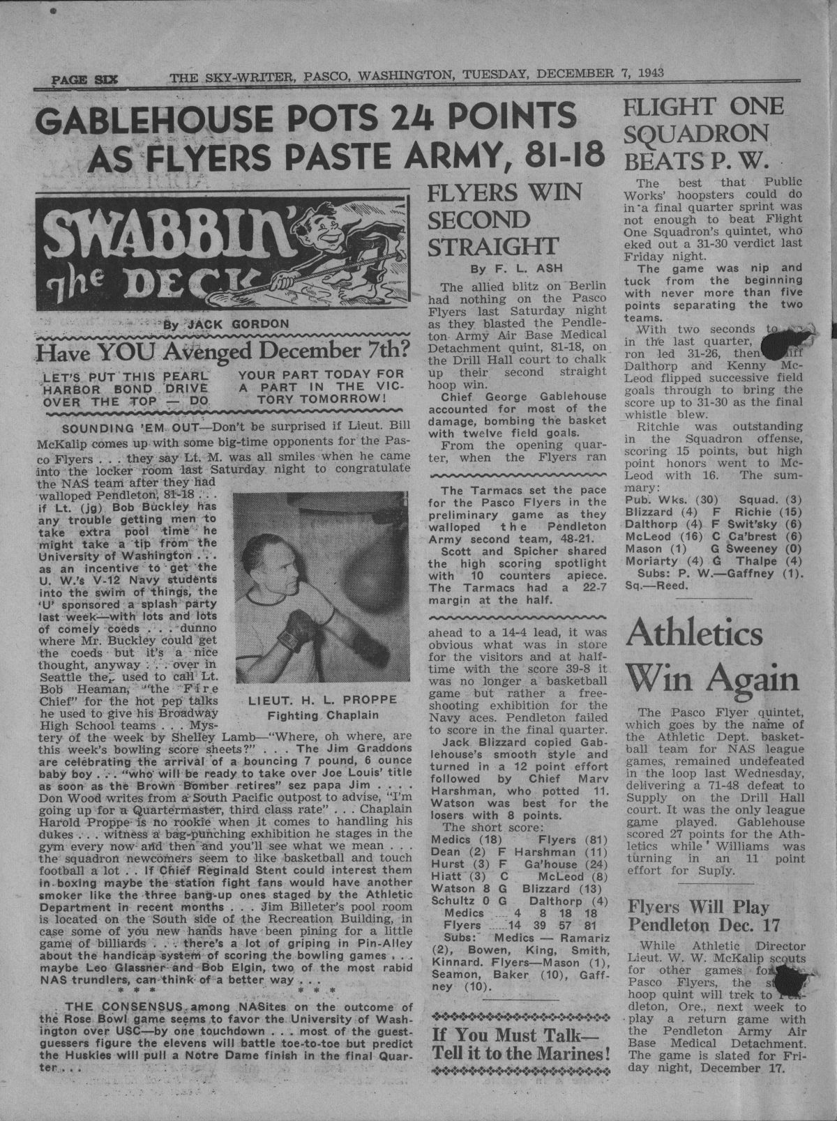 Page 6 of the NAS Pasco Sky-Writer from December 7, 1943, edited by Jack Gordon. Picture from JackGordon.org