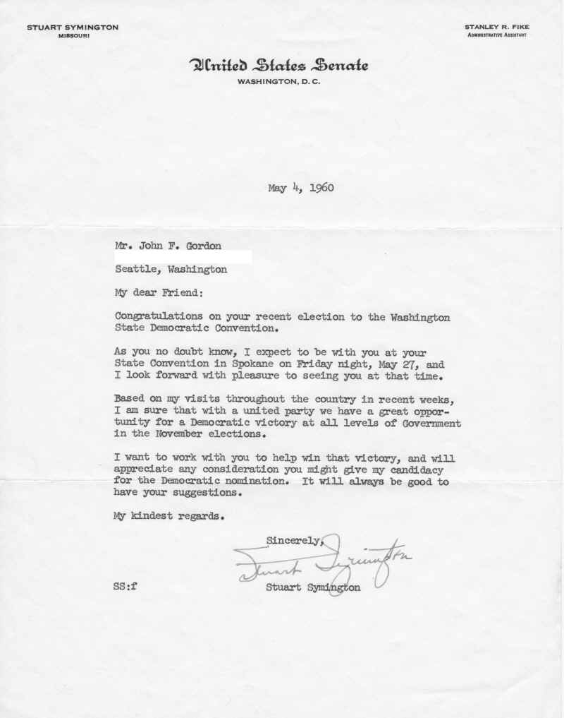 Letter from Stuart Symington to Jack Gordon, 1960