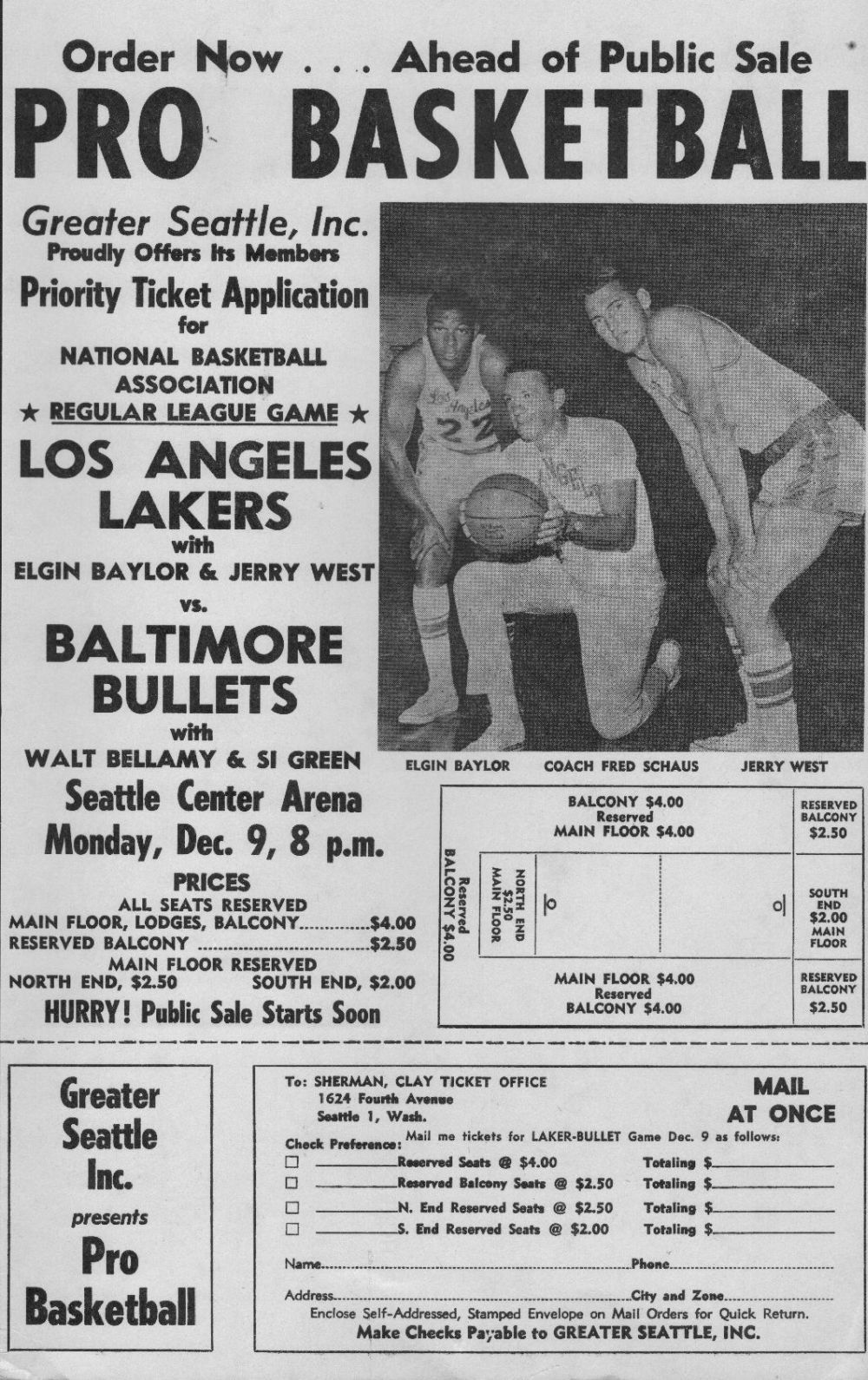 Your invitation to watch The Lakers and the Bullets in Seattle, Decewmber 9, 1963
