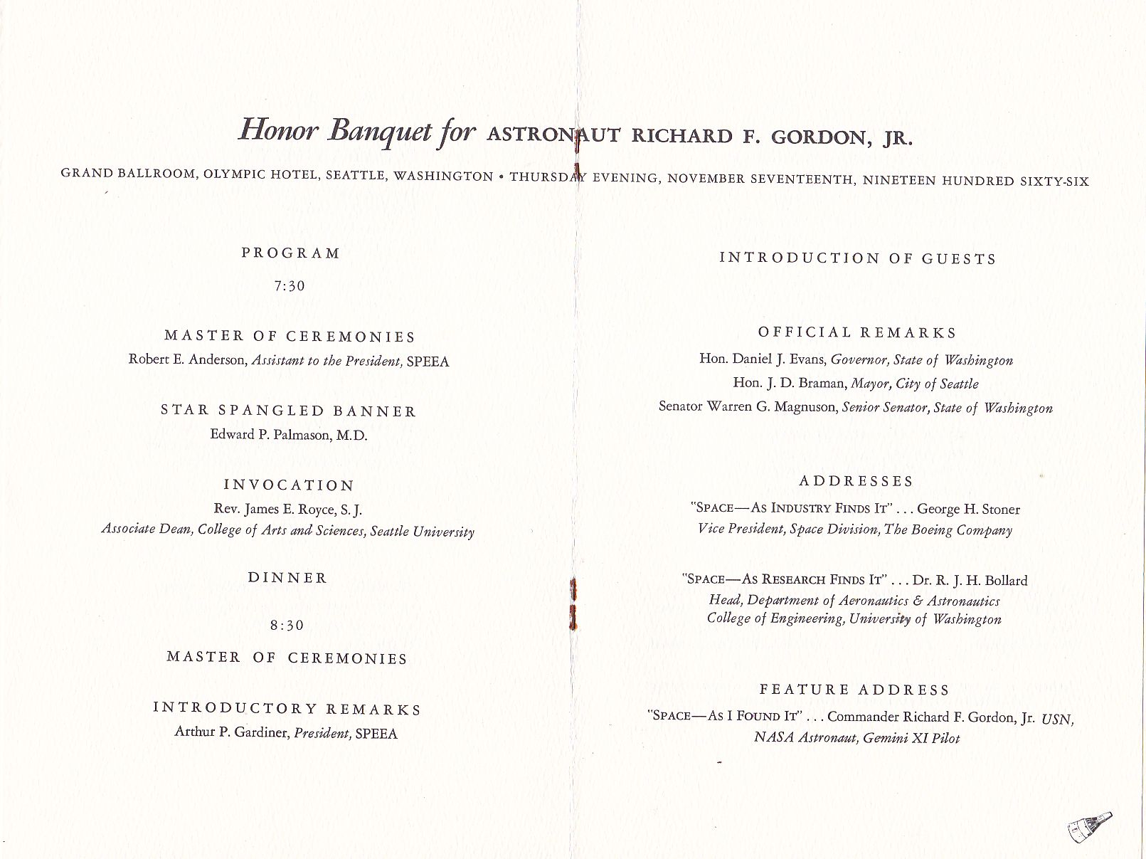 Gemini Astronaut Richard Gordon Honor Banquet program